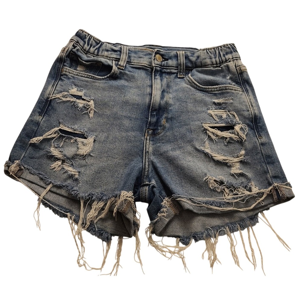 Women's High Waisted Distressed Denim Shorts Light Wash Frayed Hem Elastic 26